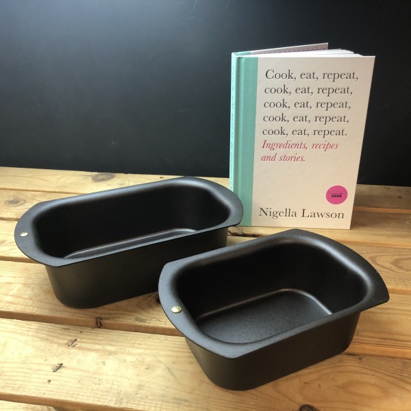 Set of 1lb and 2lb Black Iron  Loaf Tins and a copy of Cook, Eat, Repeat by Nigella Lawson
