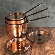 Copper pan set : 6, 7 and 8 inch spun saucepans with lids