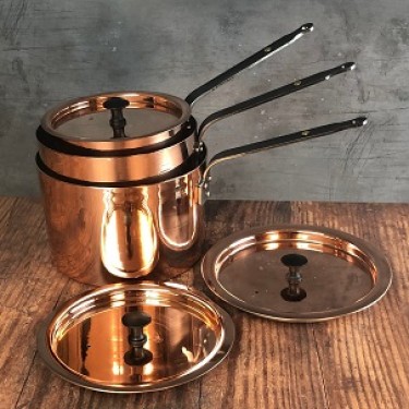 Copper pan set : 6, 7 and 8 inch spun saucepans with lids