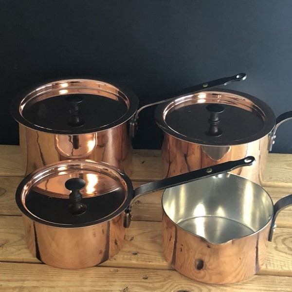Copper pan set : Milk pan and  6, 7, 8 inch spun saucepans with lids