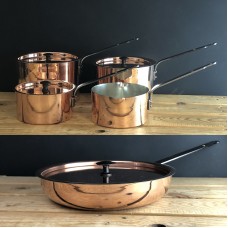 Copper pan set : Chef's pan, milk pan and  6, 7, 8 inch spun saucepans with lids