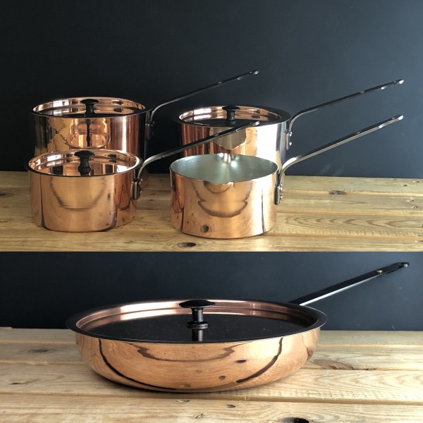 Copper pan set : Chef's pan, milk pan and  6, 7, 8 inch spun saucepans with lids