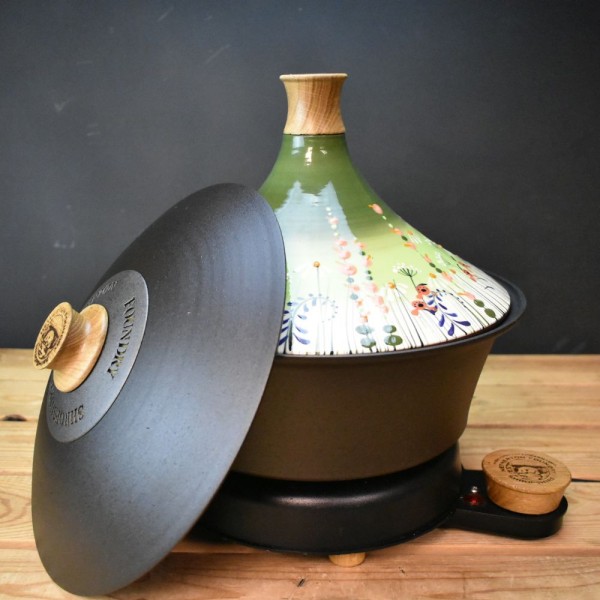 Spun black iron slow cooker & meadow flower green tagine lid OUT OF STOCK