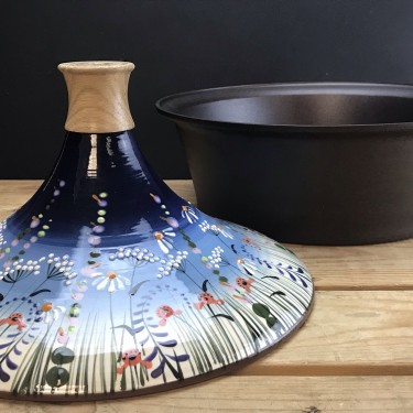 Blue Meadow Flower Stove Top Tagine and Spun Iron Bowl, hand thrown and painted by Rachel Frost.