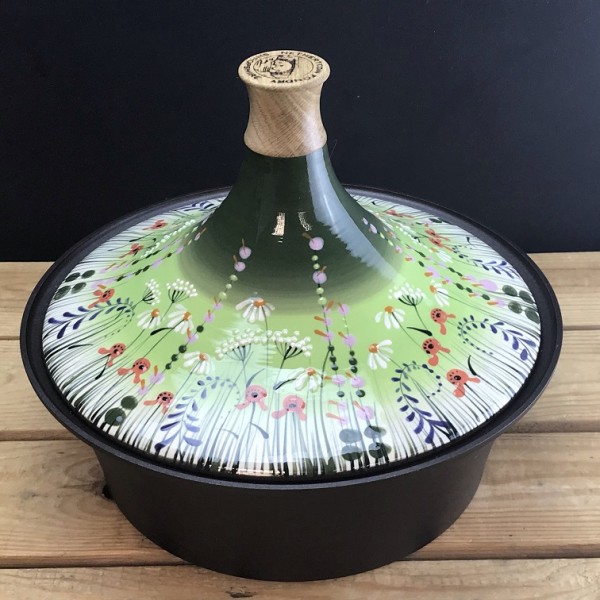 Meadow Flower Green stove top tagine and spun black iron bowl hand thrown and painted by Rachel Frost