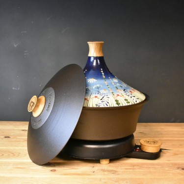 Spun black iron slow cooker & meadow flower blue tagine lid OUT OF STOCK