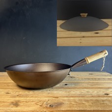 13½" (34.5cm) Spun Iron deep, flat bottom wok, with lid and removeable handle